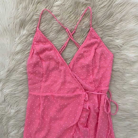 Lulus Bubblegum Pink Swiss Dot Effortlessly Easy High-Low Midi Wrap Dress XS - Picture 3 of 12